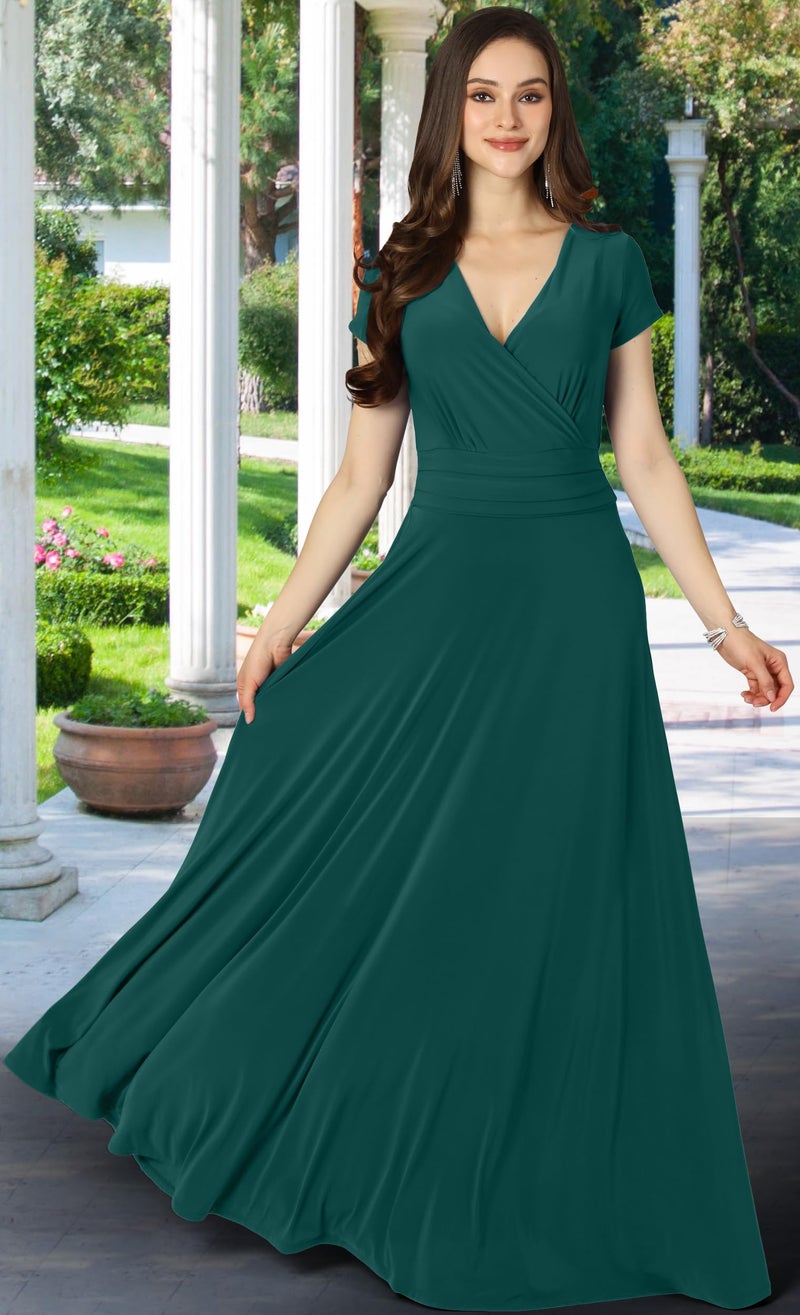 KOH KOH Plus Size Womenâ€™s Long Cap Short Sleeve Flowy Cocktail Semi Formal Prom Gala Black Tie Bridesmaid Wedding Guest Work Dressy Tall Gown Gowns Maxi Dress Dresses, Emerald Green XL 14-16 - Image 3